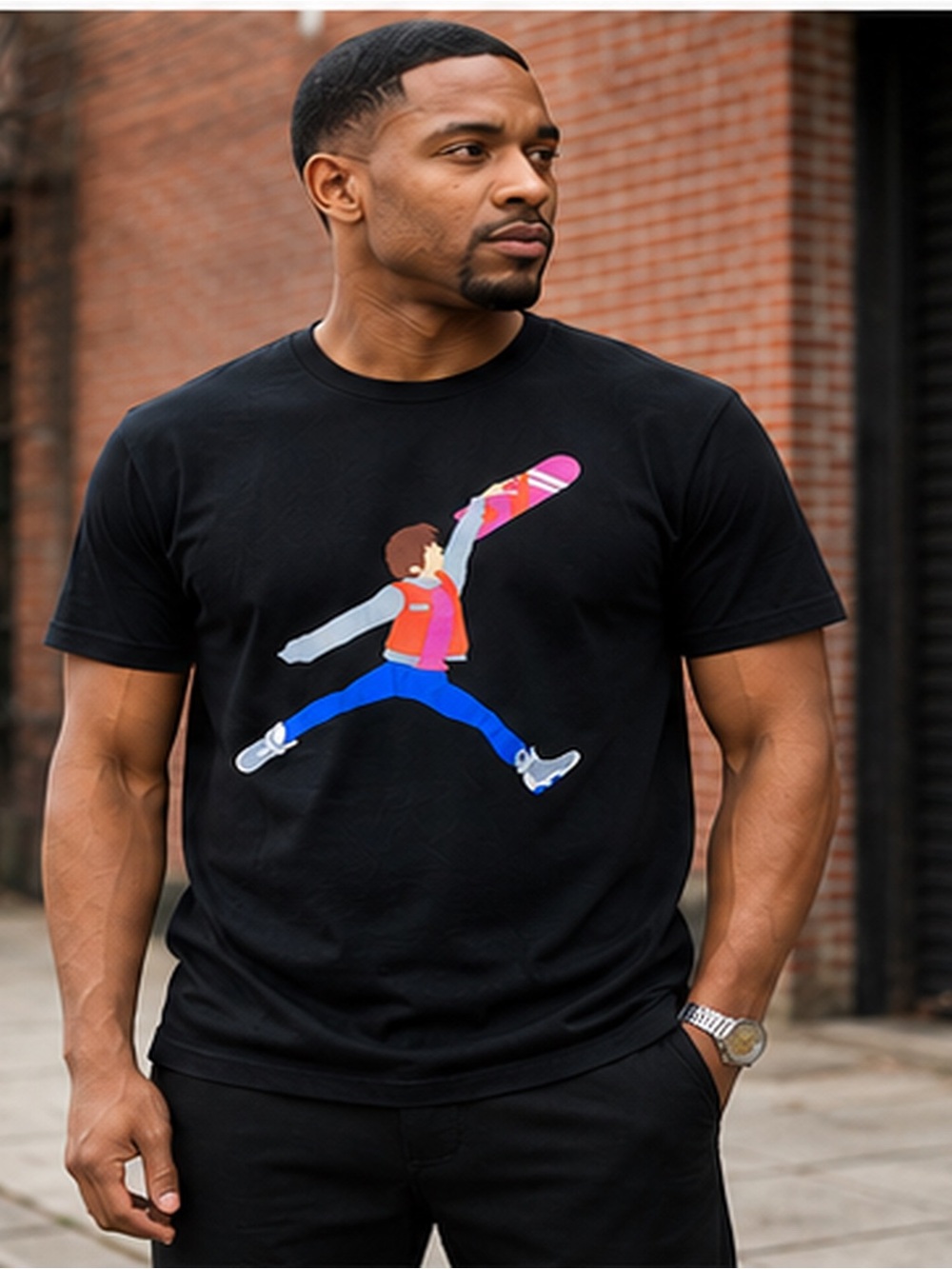 iLTHY Black Short-Sleeve Graphic Tee with Colorful Skateboard Motif